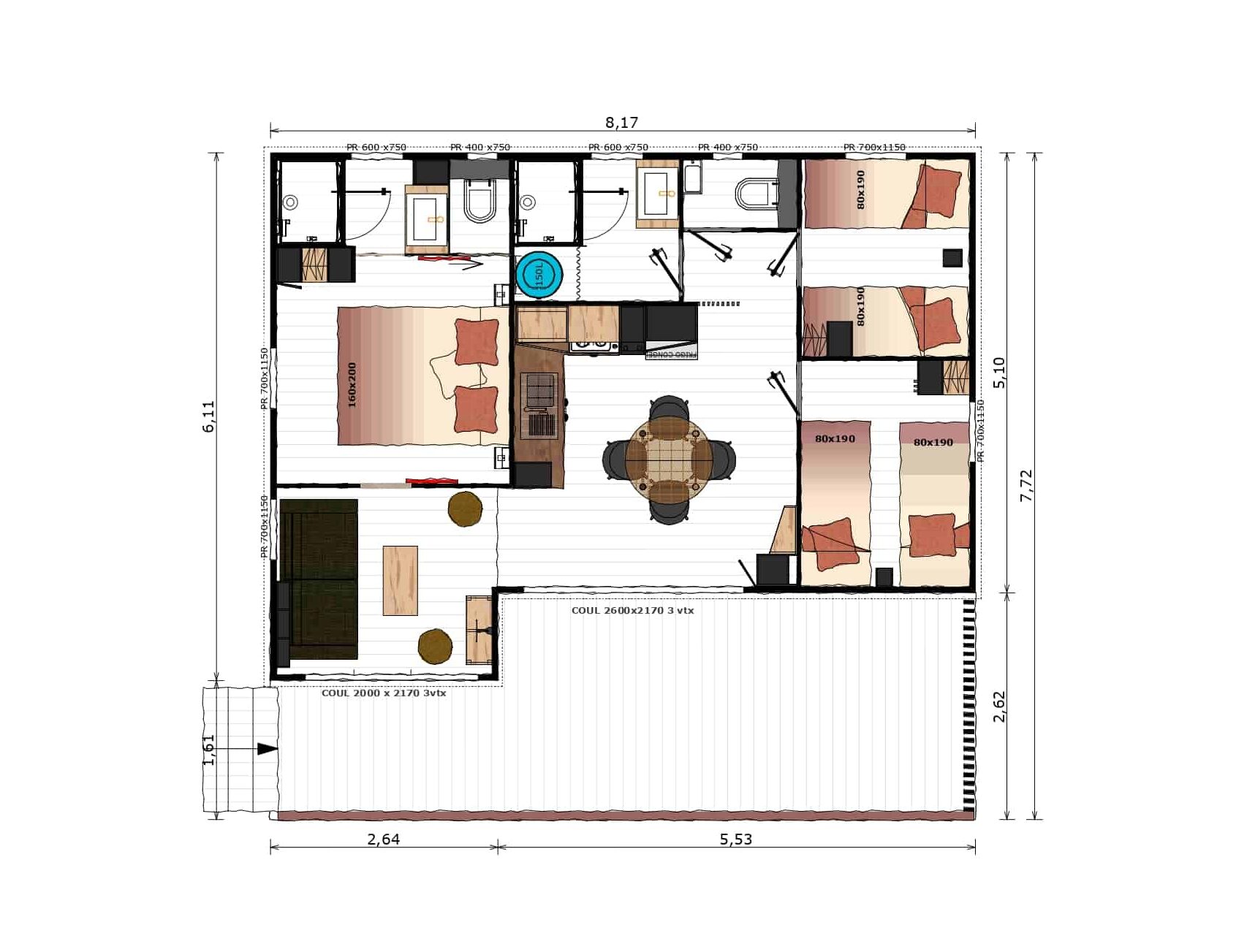 Voir le plan Chalet Prestige 60 m²  (3 chambres - 6/7 pers)