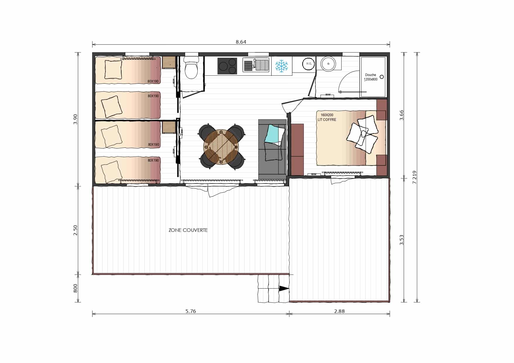 Voir le plan Mobilhome Premium 56 m²  (3 chambres - 6 pers)